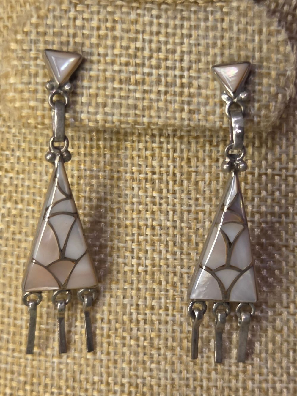 Vintage .925 Sterling Silver Pink Mother-of-Pearl Triangle Drop Earrings - Picture 2 of 3